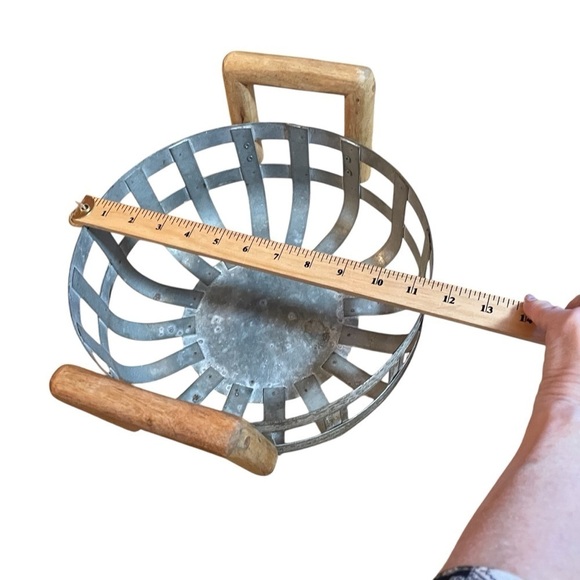 Washed Galvanized Metal Strip-Woven Look Basket withWooden Handles-Country - Picture 5 of 6